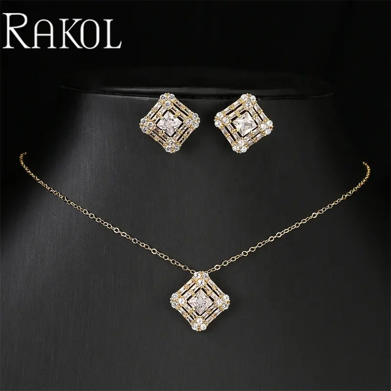 RAKOL-Conjunto de collar y pendientes de plata de ley SP3521, conjunto de joyería, Circonia cúbica, Zirconia, circonita, zirconita, diamante, boda