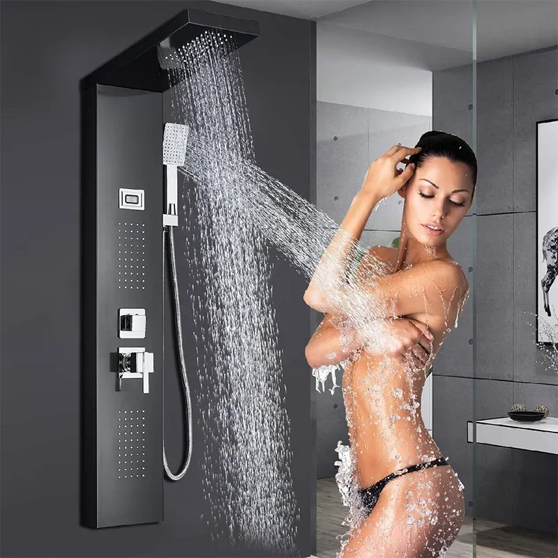 Wholesale Black LED Light Shower Faucet Set Bathroom SPA Massage Shower System Waterfall Rain Shower Panel