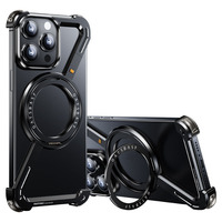 Étui de téléphone en métal creux avec support magnétique rotatif pour iPhone 15 Pro Max, coque Z sans bordure, antichoc, résistant aux chutes