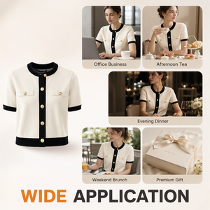 100% Polyester Spring Summer 2026 New Short Sleeve Knitted <strong>Cardigan</strong> with Gold Buttons Classic Old Money Style <strong>Women</strong> <strong>s</strong> Sweaters - Product Image 2
