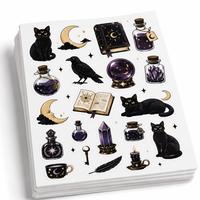 Feuille d'autocollants décoratifs en vinyle prédécoupés pour journal, scrapbook, style Witchcore, anime, manga, chat noir, pour agenda, cadeau