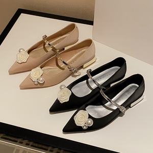 Zapatos Planos de Mujer con Punta Francesa, Diseño de Perlas y Patrón Geométrico, Parte Superior de Cuero Genuino, Ligeros e Impermeables - Product Image 1