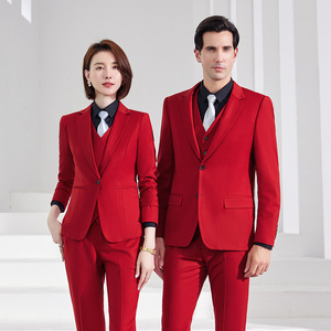 Red Unisex Business Suit Slim Fit Polyester Solid Color Workwear Uniform - Product Image 1