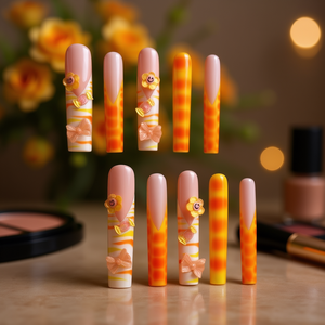 Uñas postizas de lujo largas tipo ataúd con diseño floral amarillo estilo francés, cobertura completa con pestañas adhesivas para arte de uñas, uñas artificiales. - Product Image 2