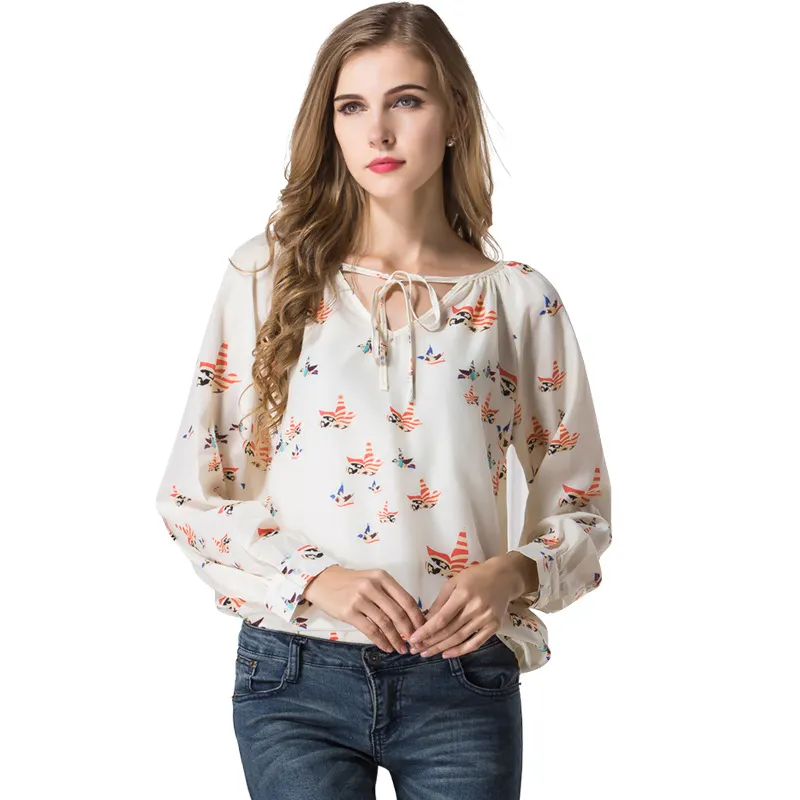 Blusa de chifón informal última moda cuello en V con tiras para mujer