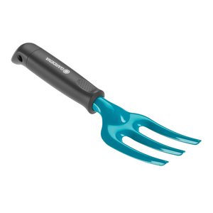 Fourche de jardin manuelle Gardena en acier inoxydable, 4 dents, 9 cm, manche noir-bleu antidérapant pour l'aération du sol et le désherbage - Product Image 1