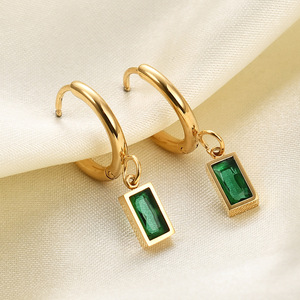 Hoop <b>Earrings</b> 8MM Stainless Steel Geometric Rectangle Bezel Setting <b>Green</b> Black White Party Women's Jewelry - Product Image 4