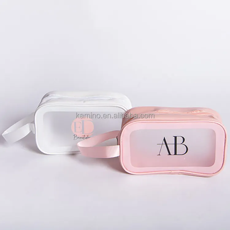 Bolsa de cosméticos bonita de mujer rosa con logotipo personalizado, bolsa profesional transparente de viaje, mini bolsa de maquillaje de PVC impermeable personalizada