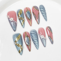 Ongles à presser en acrylique couleur marron automne, amande, ambre, avec motifs floraux 3D dorés et pois roses, réutilisables, faux ongles artificiels pour l'automne