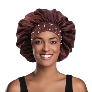 Bonnet de nuit en satin à large bande orné de perles et de strass scintillants, avec logo, cadeau promotionnel - Product Image 1