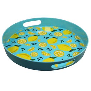 Plateau de service <span class=keywords><strong>en</strong></span> mélamine à motif citron, plateau rond de 15 pouces avec poignées - Product Image 2