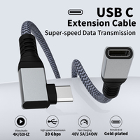 Câble d'extension USB C à angle droit, gaine en nylon PVC, USB3.1, charge rapide 5A 240W, PD Type C vers USB C mâle vers femelle
