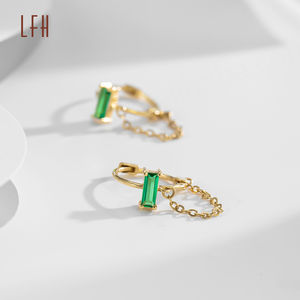 Pendientes de Cadena Cuadrados con Circonita Cúbica Verde, Pendientes Colgantes de Oro Real de 18k, Pendientes de Botón de Circonita de Oro Puro de 18k para Mujer - Product Image 4