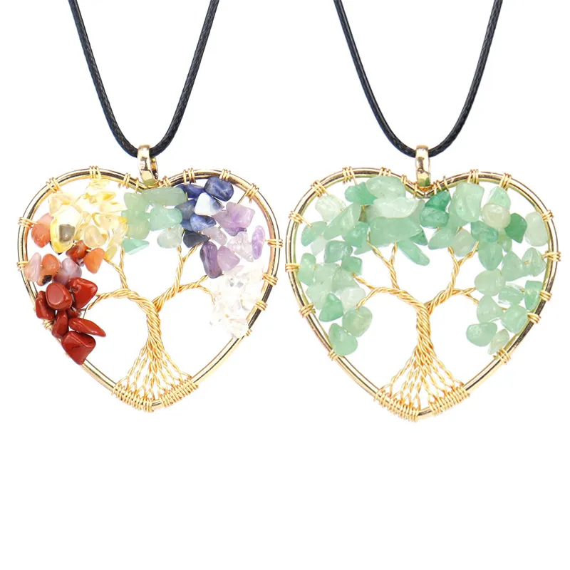 Gold-plated Heart Tree of life Necklace Seven Chakra Pendant Natural Stone Straight Root Winding Charm Jewelry Factory