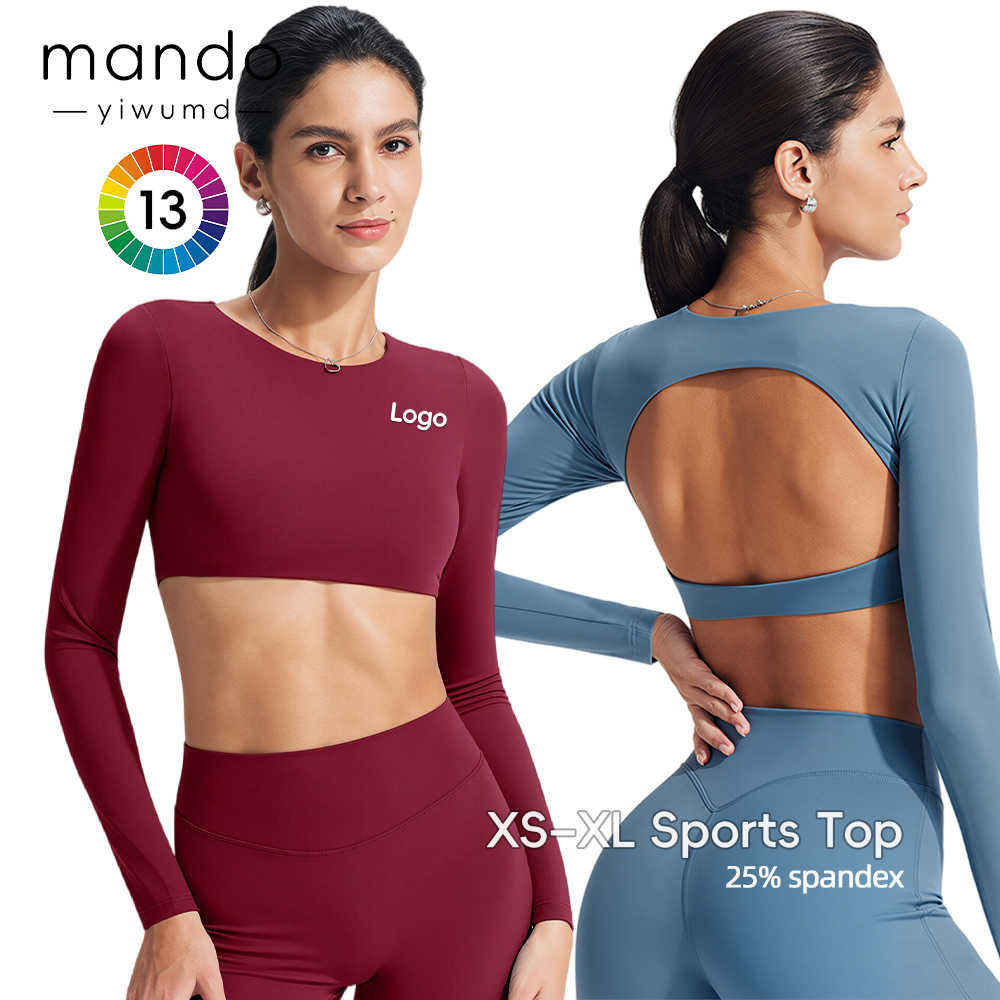 Women's Cropped Sports Top with Built-in Bra Nylon Spandex Backless Yoga T-shirt Long-sleeve Compression