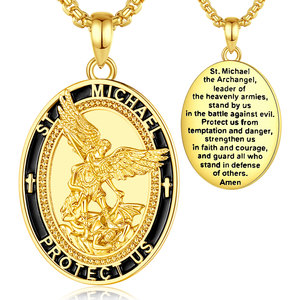 Merryshine - Medalla Amuleto Religiosa de San Miguel Arcángel, Chapada en Oro sobre Cobre Esmaltado Negro, Collar Protector Cristiano - Product Image 1