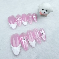 Uñas artificiales; forma de uña de almendra color base Rosa; lazo pintado a mano; fábrica de alta calidad al por mayor.