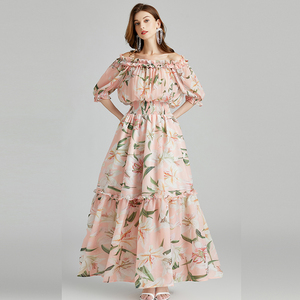 2021 Apparel Stocklot Sexy Off-The-Shoulder Evening-Neck <strong>Tulip</strong> Print Elastic High-Waisted Big Hem Appointment <strong>Dress</strong> - Product Image 6