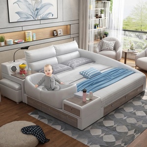 سرير جلدي ذكي لغرفة نوم الوالدين والطفل مع شاحن: تخزين زاوية الطفل وجاهز بالتكنولوجيا - Product Image 1