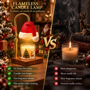 Lampada Scaldacera Natalizia con Paralume a Cappello di Babbo Natale, Braccio Arcuato Dorato, Base in Legno, Timer, Dimmer, Decorazione - Product Image 5