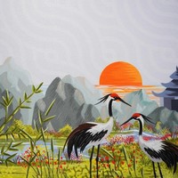 Tapis de table de mahjong de haute qualité avec un motif de style chinois « Coucher de soleil et grue blanche » ; fabriqué en néoprène insonorisant.
