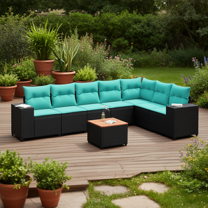 Ensemble de canapés de patio en polyrotin noir, 8 pièces avec coussins, meubles d'extérieur, style moderne et contemporain - Product Image 2