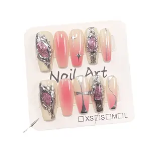 Wholesale Price High quality Sweet cool metal style Handmade Press on Nails Private label False Nails Artificial nail with glue