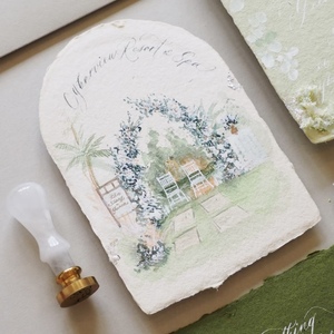 Luxury Fine Art <b>Wedding</b> Invitation <b>Suite</b> Handmade Deckle Edge Cotton Paper Watercolor Floral Wax Seal Chiffon Ribbon Custom - Product Image 1