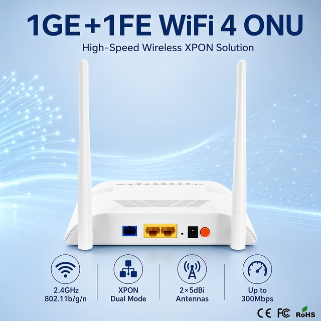 Dual Mode XPON ONU Vsol V2802GW 1GE 1FE 300Mbps WiFi 4 Gigabit GPON EPON ONT with Firewall for FTTH Triple Play Network