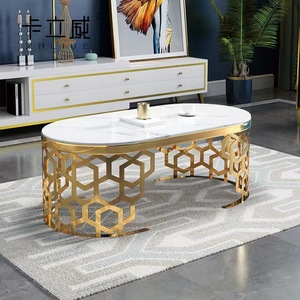 Luxo Moderno Branco Oval Centro Mesa De Café TV Stand Móveis Set Gold Stainless <span class=keywords><strong>Steel</strong></span> <span class=keywords><strong>Frame</strong></span> com Mármore Top para Sala de estar - Product Image 3