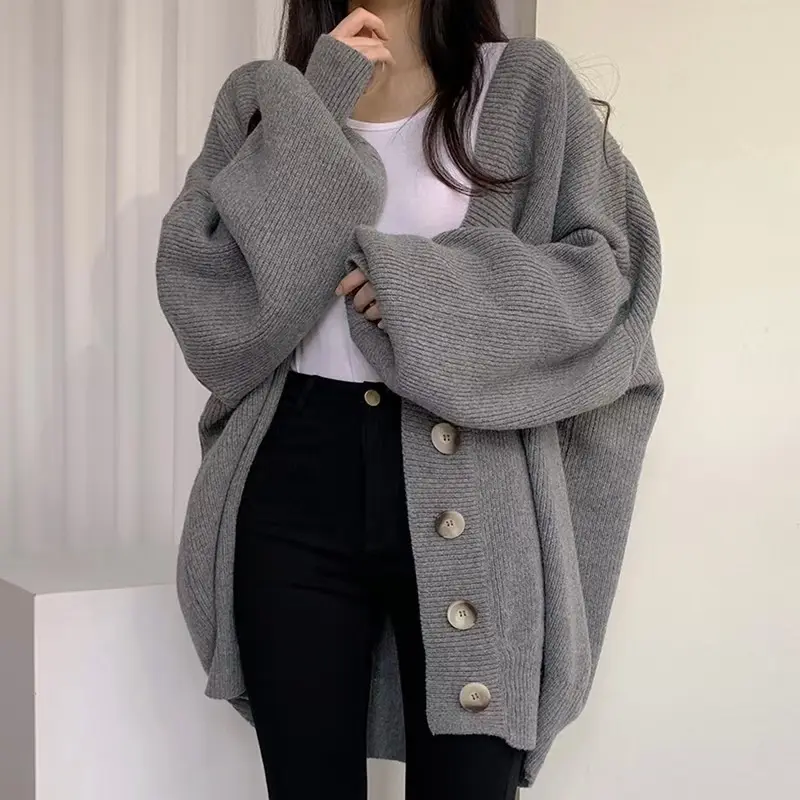 2023 Fashion fall autumn winter knitted sweater ladies loose casual cardigan women's sweaters Cardigan with lantern sleeves