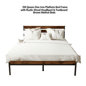 Lit plateforme en fer marron avec tête et pied de lit en bois rustique, taille Queen, mobilier de chambre - Product Image 1