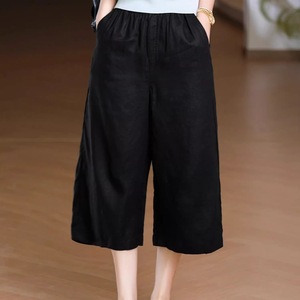 Cotton Linen Wide Leg Cropped Pants Women Elastic Waist Loose Fit Casual Artistic Retro Style Beige White Yellow Purple Black - Product Image 4