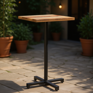 Table de bistrot en bois massif récupéré, base carrée noire, mobilier de bar, style rustique, usage commercial - Product Image 2