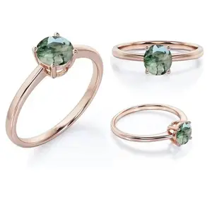 1 quilate Mono-piedra forma redonda solitario Halo anillo de piedras preciosas 925 Plata Natural musgo verde ágata 4 puntas conjunto anillo de compromiso