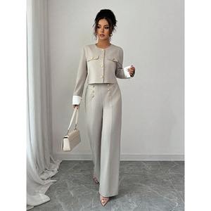 ハイエンド女性用カジュアルツーピーススーツショートカラーレスジャケットとパンツ - Product Image 5