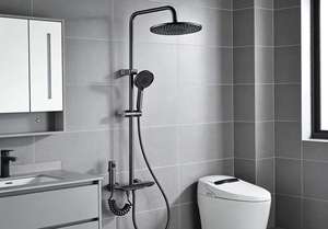 Ensemble de douche thermostatique LED <span class=keywords><strong>noir</strong></span> à jet doux, barre coulissante en acier inoxydable, jets de plafond et douchette à main, finition mate polie, moderne pour appartement - Product Image 4