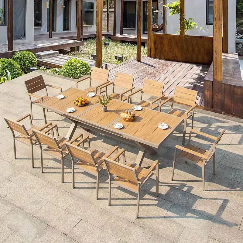 Europeu luxo 8 10 assento ao ar livre mobiliário lounge cozinha pátio mesa de jantar e cadeiras conjunto plástico madeira jardim conjuntos