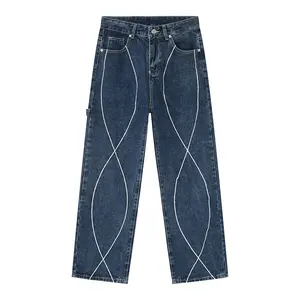 Calça jeans y2k personalizada de alta qualidade, jeans largos e listrados, jeans azul para homens