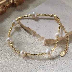 Nuovo Bracciale in Argento Sterling S925 Placcato Oro 14K con Perle Barocche Naturali d'Acqua Dolce e Stella d'Oro Spezzata, Regalo per Donne - Product Image 2