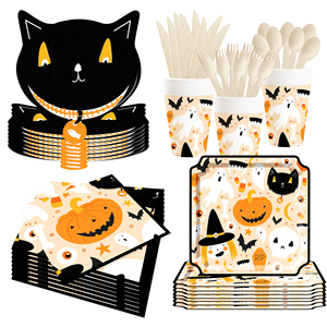 DAMAI Factory Wholesale Disposable Halloween Black Cat-head Pumpkin Paper Plate Set - Product Image 3