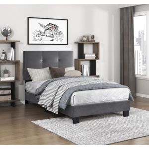 DB 1pc Dark Gray Velvet Upholstered Twin Platform <b>Bed</b> Adjustable Height <b>Headboard</b> Button Tufted Solid <b>Wood</b> Bedroom Furniture - Product Image 1