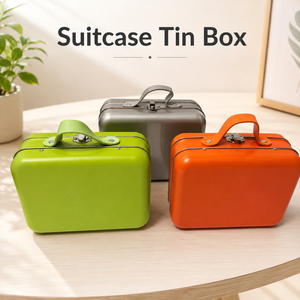 Suitcase Shape Tin <b>Box</b> With Latch Lock Food Grade <b>Metal</b> Suitcase Tin Container Custom Printed Gift Packaging Tin Case - Product Image 1