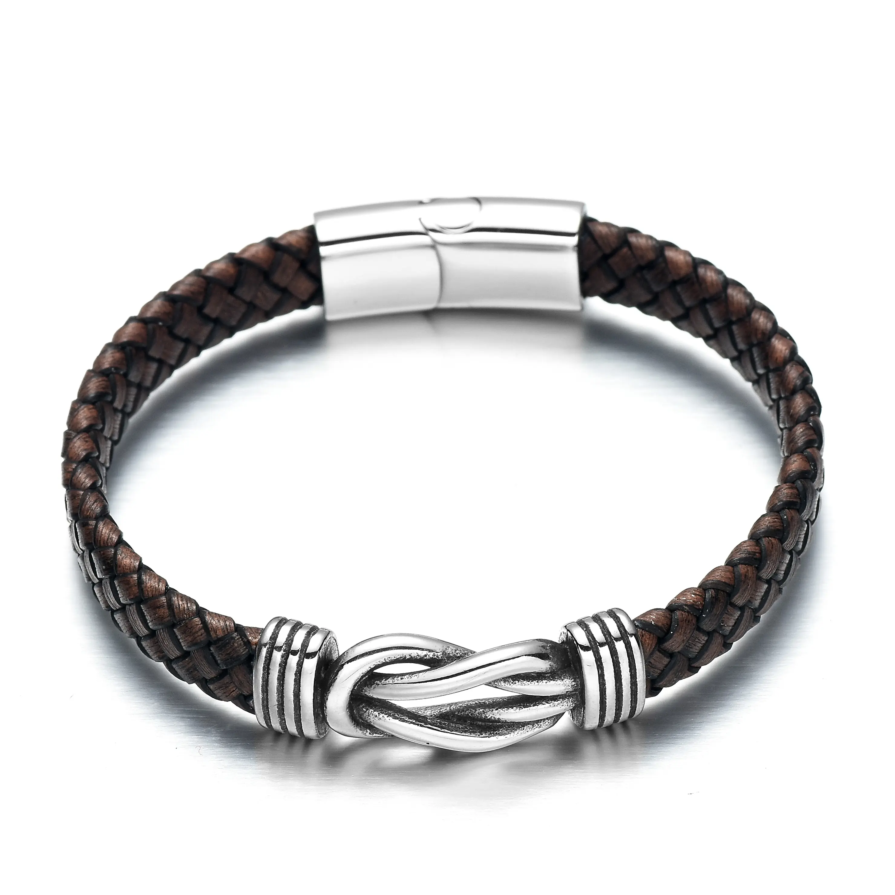 REAMOR 2020 Men Knot Bracelet European Braided Leather Bracelet 316L Stainless Steel Magnetic Buckle BraceletためMenとWomen