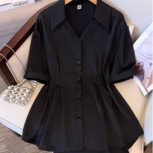 プラスサイズ<span class=keywords><strong>4xl</strong></span>ファッション女性用ボタンウエストストラップ無地フランススタイルターンダウンカラー春ブラウス女性用シャツ - Product Image 3