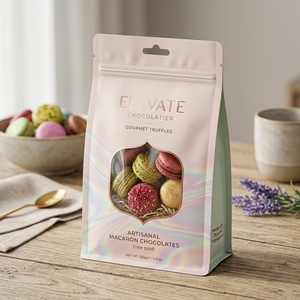 Sachet personnalisé imprimé à huit soudures latérales, refermable avec fermeture éclair, fond plat et fenêtre, de qualité alimentaire, pour bonbons et chocolats - Product Image 1