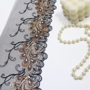 Dentelle de bordure en voile de tulle noir de luxe de 13 cm avec broderie florale brillante et fil métallique pour robe abaya femme couture - Product Image 1