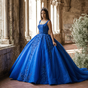 Vestido de Quinceañera Moderno Azul Brillante con Hombros Descubiertos, Lentejuelas, Sin Mangas, Encaje y Cuentas, Cola de Capilla Lsany230 para Maternidad - Product Image 1