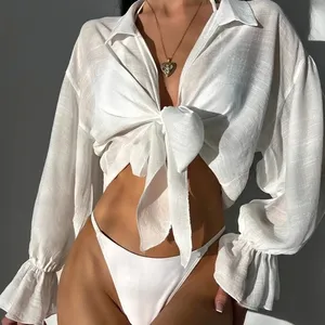 Biquínis sensuais branco liso com manga inundada, roupa de banho com kimono feminina e três peças, moda praia, 2022