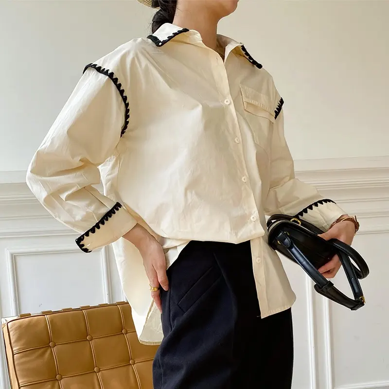 Chemise oversize boutonnée à manches longues personnalisée pour femmes 100% pur coton avec surpiqûres contrastées Blouses décontractées pour dames